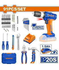  021 WDT1B90-4 Set De Herramientas 91 Piezas Con Taladro Atornillador Percutor Wadfow + Bateria 20 V